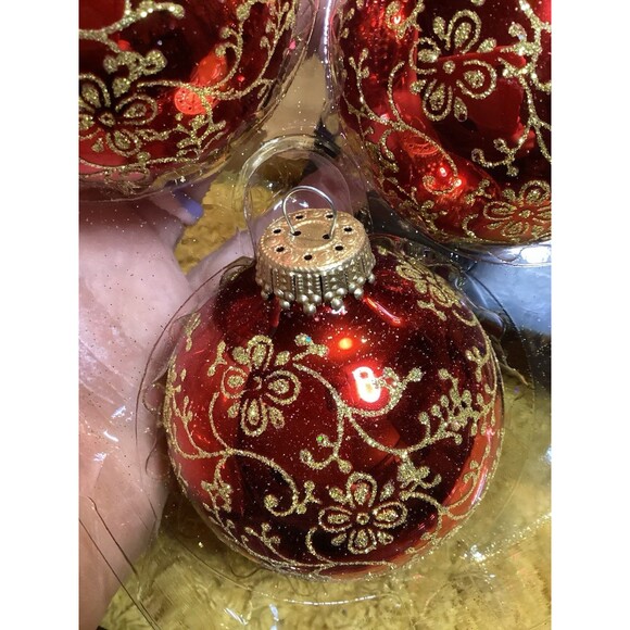 Krebs Glass Christmas Ornaments Red /Velvet Balls With Floral Glitterlace 8 - Picture 4 of 9